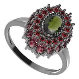 BG prsten oválný 243-I Stříbro 925 - ruthenium (30-90dní) Vltavín a granát