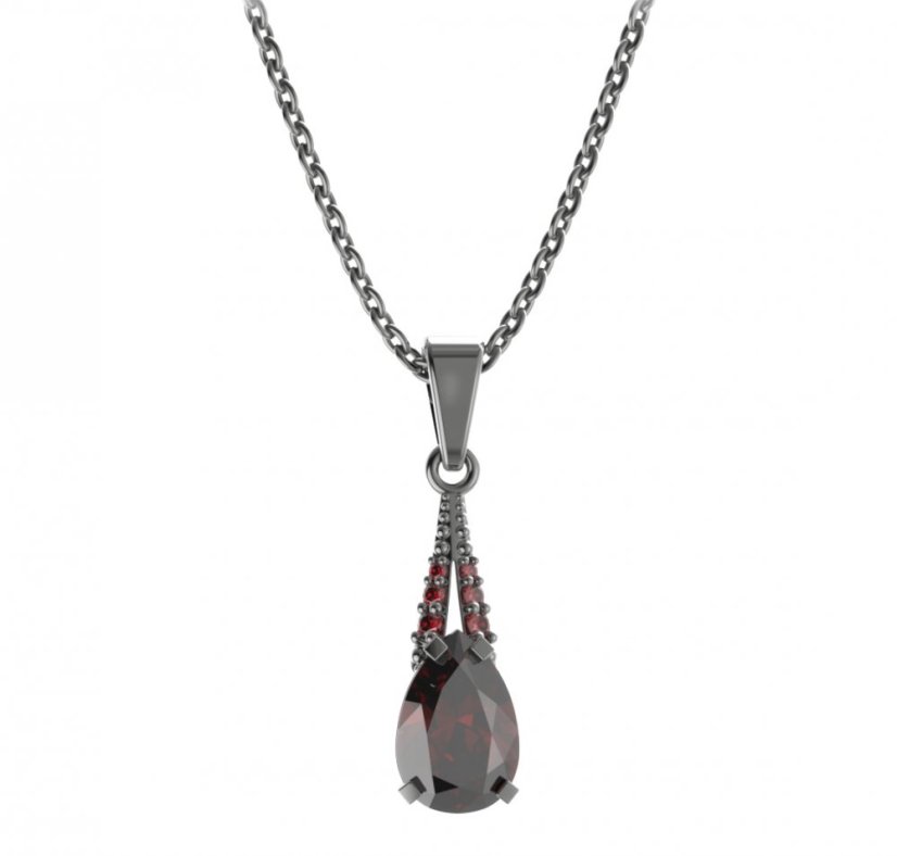 Stříbrný přívěsek kapka s českým granátem, ruthenium – 494-G