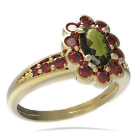 BG prsten oválný kámen 517-J Žluté zlato - 585 Vltavín a granát