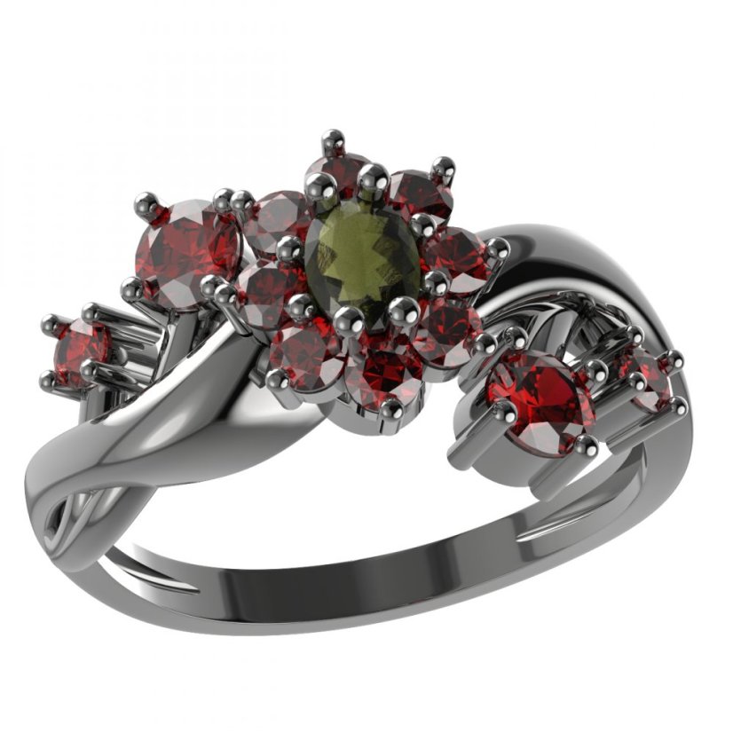 BG prsten s oválným kamenem 627-P Stříbro 925 - ruthenium (30-90dní) Vltavín a granát