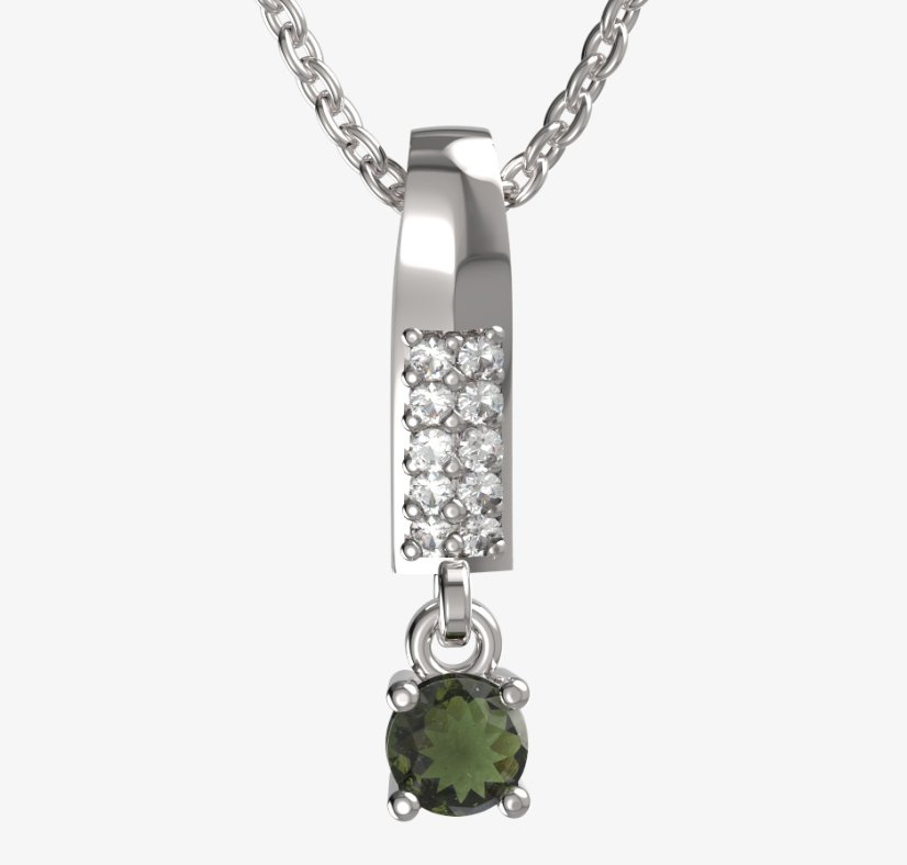 Zlatý přívěsek s vltavínem a diamantem, bílé zlato 585 – 725