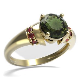 BG prsten kulatý kámen 474-K Žluté zlato - 585 Vltavín a granát