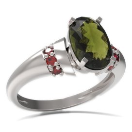 BG prsten oválný kámen 492-K Bílé zlato - 585 Vltavín a granát