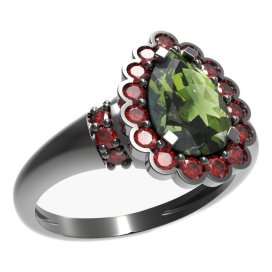 BG prsten kapkovitý kámen 519-K Stříbro 925 - ruthenium (30-90dní) Vltavín a granát