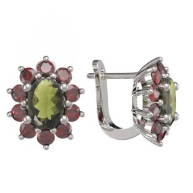 BG náušnice vsazený granát 756 Stříbro 925 - rhodium Vltavín a granát