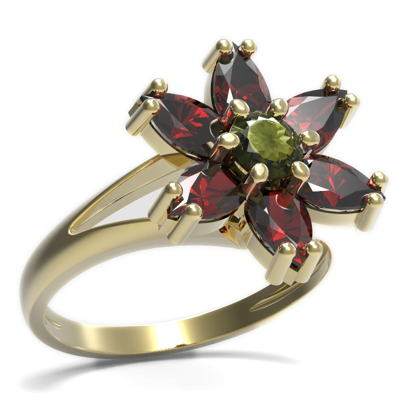 BG prsten ve tvaru hvězdy 520-V Žluté zlato - 585 Vltavín a granát
