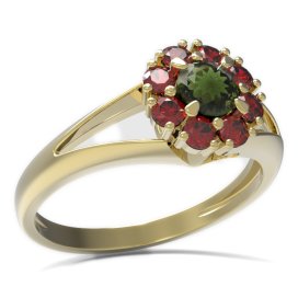 BG prsten kulatý kámen 497-V Žluté zlato - 585 Vltavín a granát