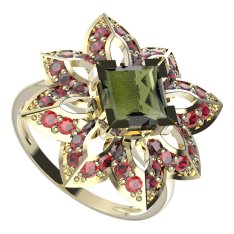 BG prsten oválný 733-I Žluté zlato - 585 Vltavín a granát