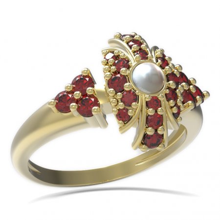BG ring circular stone 537-U - Metal: Yellow gold 585, Stone: Garnet and pearl