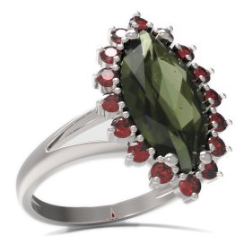BG prsten oválný kámen 513-V Bílé zlato - 585 Vltavín a granát