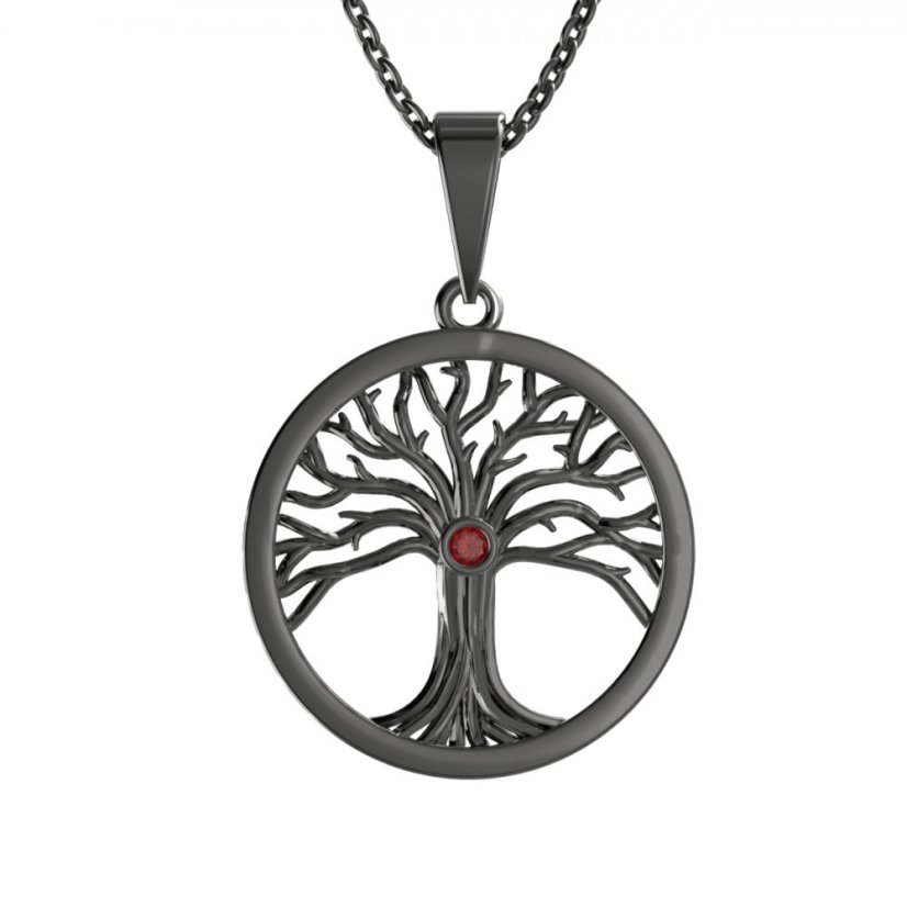 Stříbrný přívěsek strom života s českým granátem, ruthenium – 039