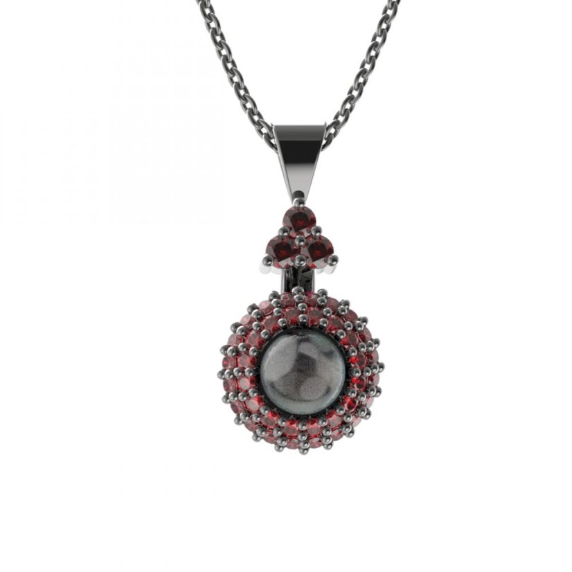 Stříbrný přívěsek s černou perlou a českým granátem, ruthenium – 540-87