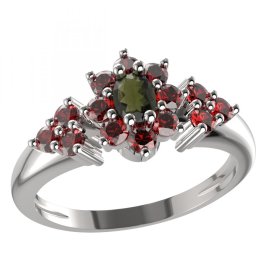 BG prsten s oválným kamenem 627-U Bílé zlato - 585 Vltavín a granát