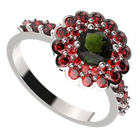 BG prsten 463-Z kulatého tvaru Stříbro 925 - rhodium Vltavín a granát