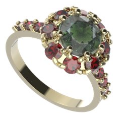 BG prsten 472-Z kulatého tvaru Žluté zlato - 585 Vltavín a granát