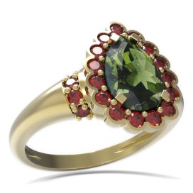 BG prsten kapkovitý kámen 519-K Žluté zlato - 585 Vltavín a granát