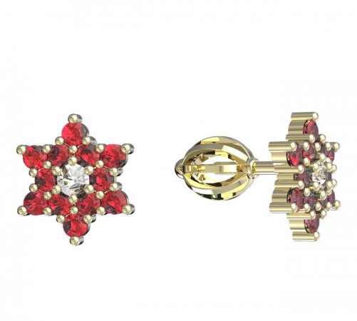 BeKid, Gold kids earrings -090 - Switching on: Screw, Metal: Yellow gold 585, Stone: Red cubic zircon