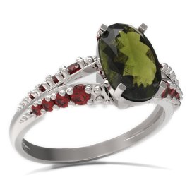BG prsten s oválným kamenem 492-G Bílé zlato - 585 Vltavín a granát