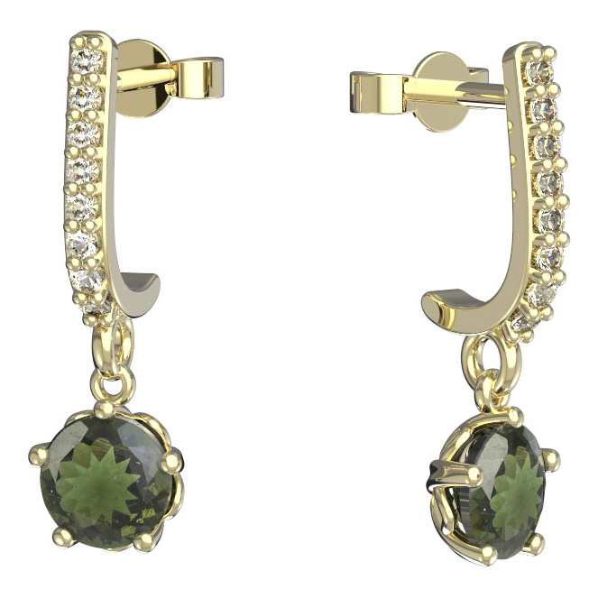 BG vltavínové náušnice 875 Žluté zlato - 585 Vltavín a diamant