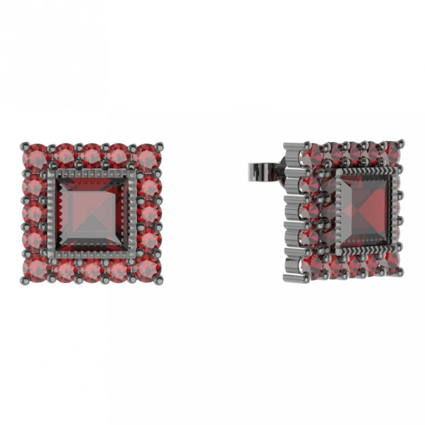 Stříbrné náušnice čtverec s českým granátem, ruthenium, puzety – 099
