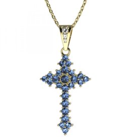 Zlatý přívěsek křížek se světle modrým zirkonem, žluté zlato 585 – 264 (ZM342642)