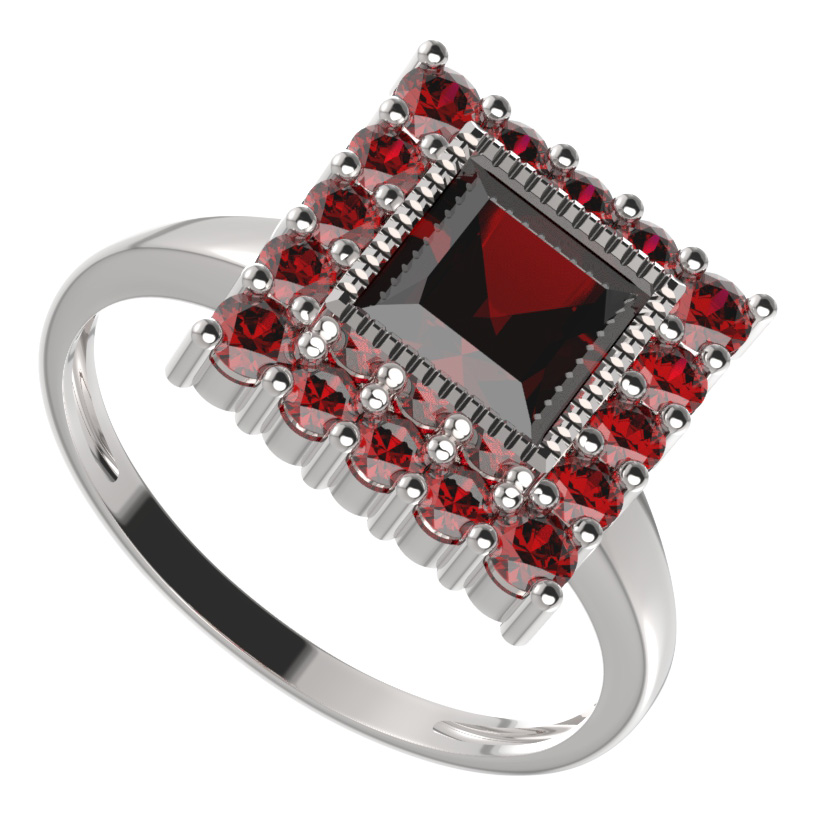 BG prsten čtvercový 099-I Bílé zlato - 585 Granát