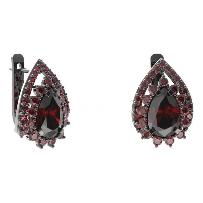 Stříbrné náušnice kapka s českým granátem, ruthenium, anglické zapínání – 505-90