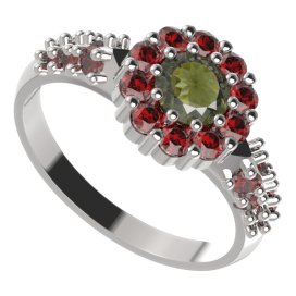 BG prsten 628-X kulatého tvaru Bílé zlato - 585 Vltavín a granát