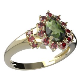 BG prsten kapkovitý kámen 509-K Žluté zlato - 585 Vltavín a granát
