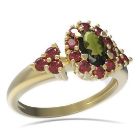 BG prsten s oválným kamenem 498-U Žluté zlato - 585 Vltavín a granát