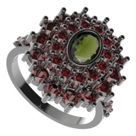 BG prsten 021-Z oválného tvaru Stříbro 925 - ruthenium (30-90dní) Vltavín a granát