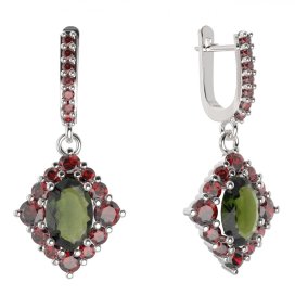 BG náušnice vsazený granát hvězdicový brus  466-84 Stříbro 925 - rhodium Vltavín a granát