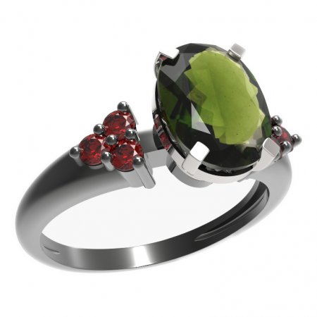 BG prsten s oválným kamenem 493-U - Kov: Stříbro 925 - rhodium, Kámen: Vltavín a granát