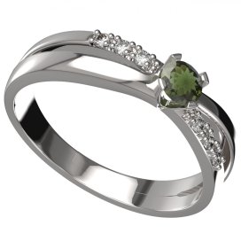BG granátový a vltavínový  prstýnek 1443 Stříbro 925 - rhodium Vltavín a diamant
