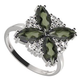 BG prsten solitérní 408-I Stříbro 925 - rhodium Vltavín a  kubický zirkon