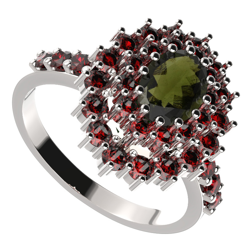 BG prsten 001-Z oválného tvaru Bílé zlato - 585 Vltavín a granát