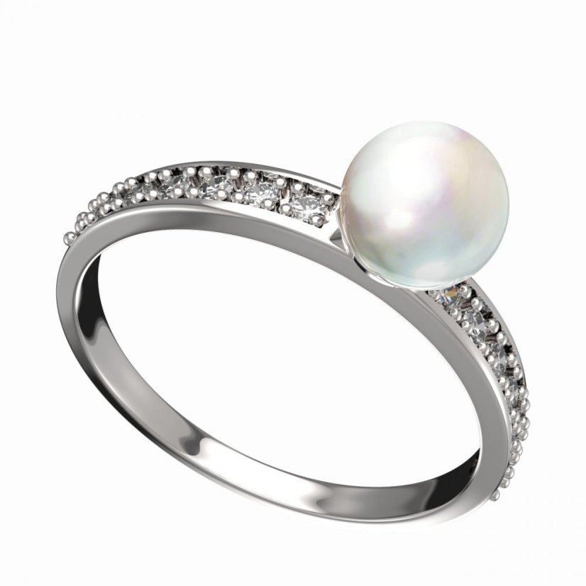 BG zlatý prstýnek s perlou 561 E Bílé zlato - 585 Diamant a perla