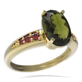 BG prsten oválný kámen 492-J Žluté zlato - 585 Vltavín a granát