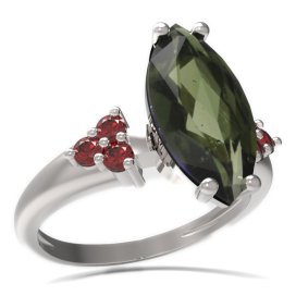 BG prsten s oválným kamenem 481-U Bílé zlato - 585 Vltavín a granát