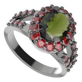BG prstýnek 728 Stříbro 925 - ruthenium (30-90dní) Vltavín a granát