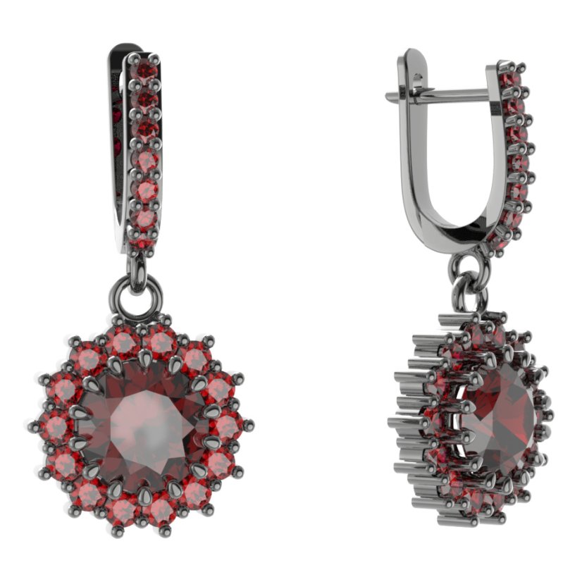 Stříbrné náušnice s českým granátem, ruthenium, visací – 096-84