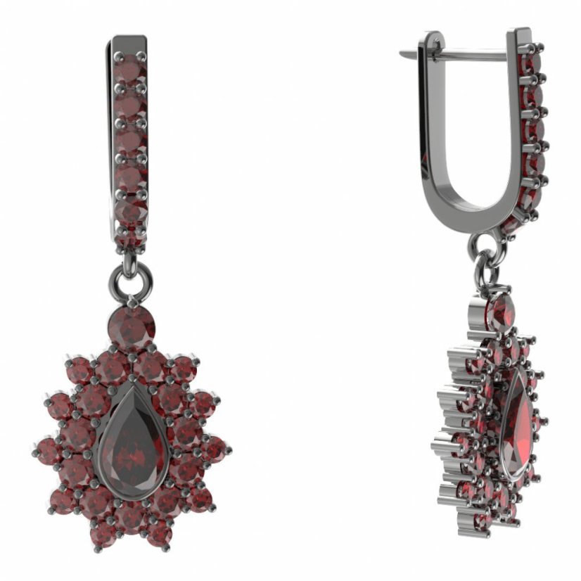 Stříbrné náušnice kapka s českým granátem, ruthenium, visací – 147-94