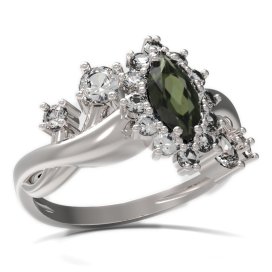 BG prsten s oválným kamenem 504-P Stříbro 925 - rhodium Vltavín a kubický zirkon