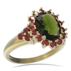 BG prsten s oválným kamenem 516-U Žluté zlato - 585 Vltavín a granát