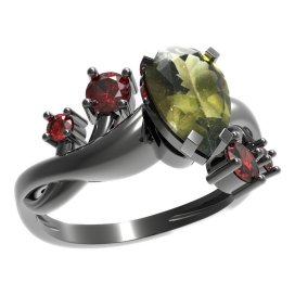 BG prsten s kapkovitým kamenem 494-P Stříbro 925 - ruthenium (30-90dní) Vltavín a granát