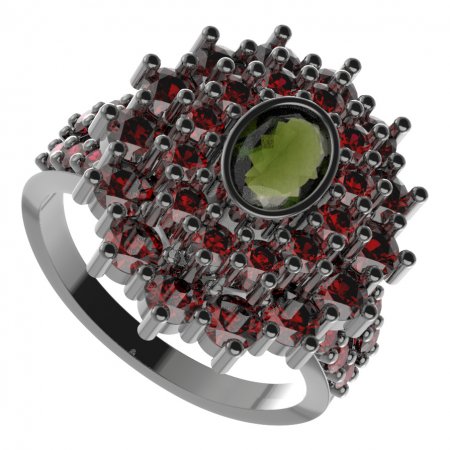 BG prsten oválný 021-Y - Kov: Stříbro 925 - rhodium, Kámen: Vltavín a granát