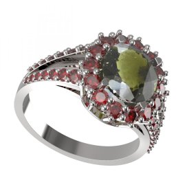 BG prsten s oválným kamenem 977 Stříbro 925 - rhodium Vltavín a granát