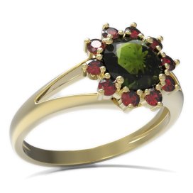 BG prsten kulatý kámen 511-V Žluté zlato - 585 Vltavín a granát