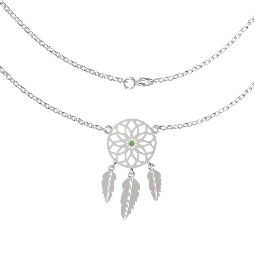 Stříbrný náhrdelník lapač snů  s vltavínem 1509, rhodium 925
