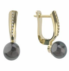 BG zlaté náušnice 561 s černou perlou Žluté zlato - 585 Diamant a tahiti perla